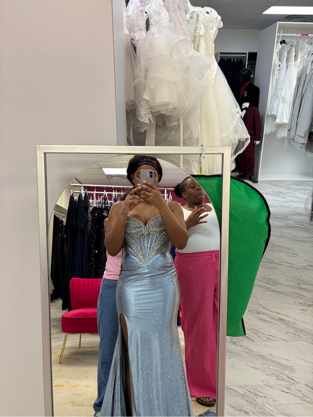 Beaded Strapless Light Blue Prom Gown with Front Slit